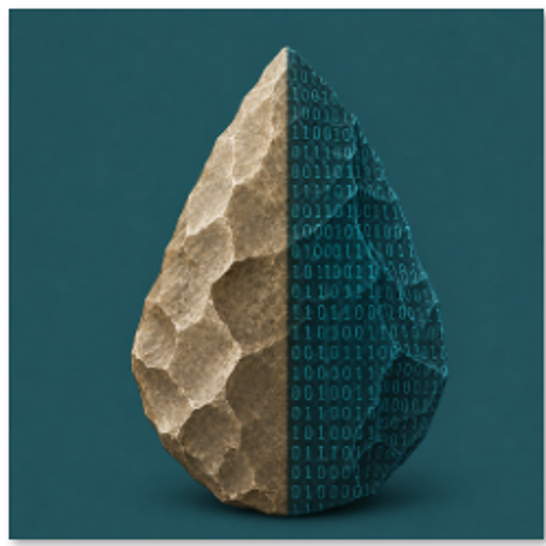 Símbolo Bit Sapiens: herramienta de piedra fusionada con código binario
